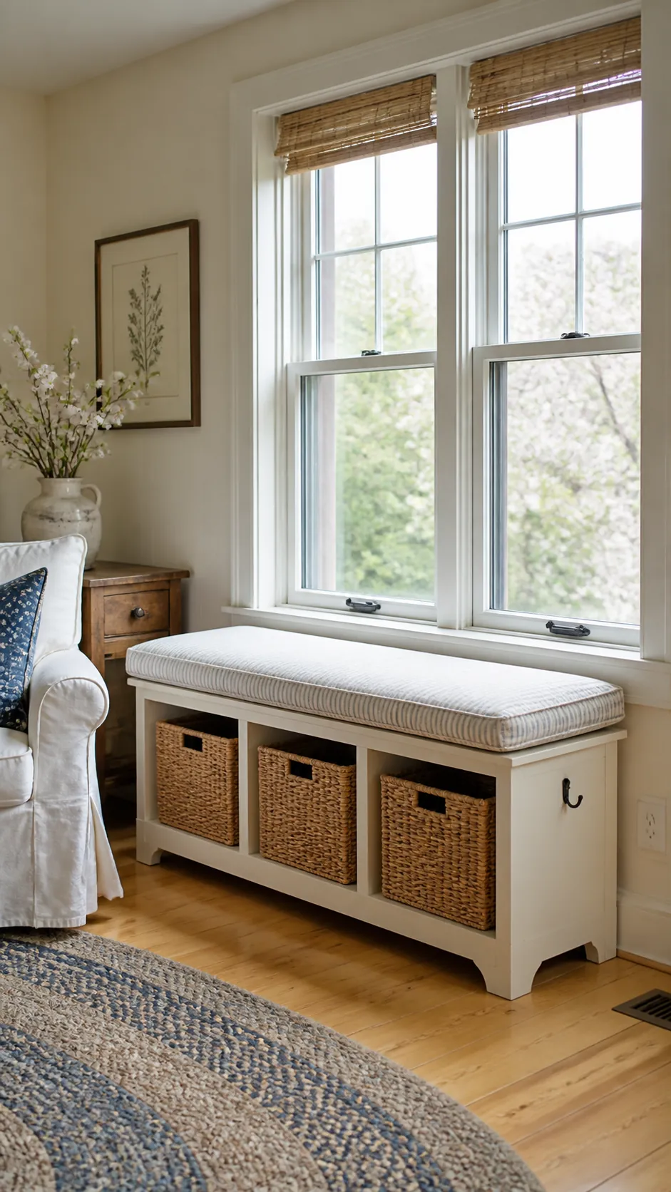 Farmhouse Basket Cubbies for a compact and practical window nook