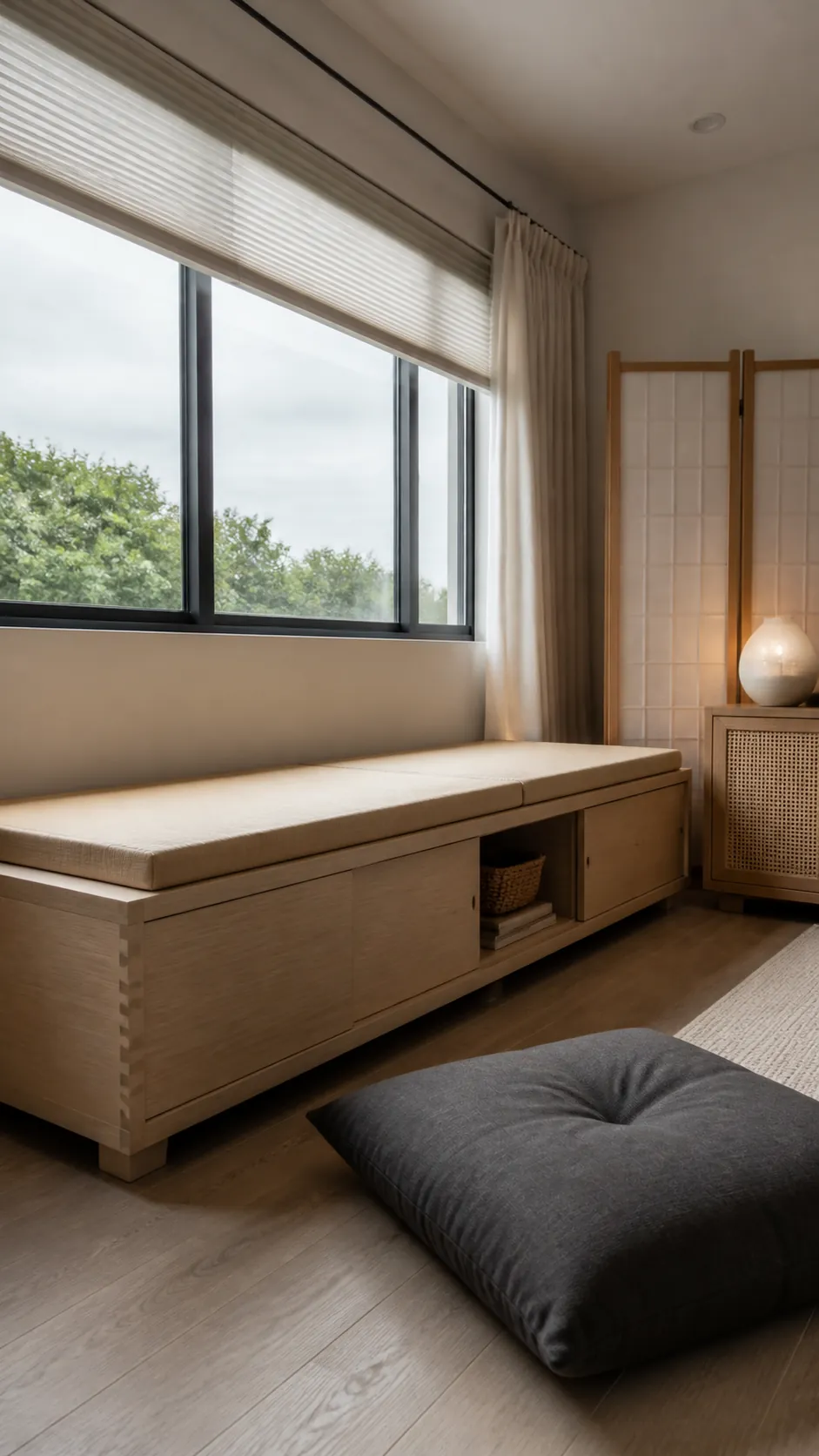 Japandi Storage Platform for a compact and practical window nook