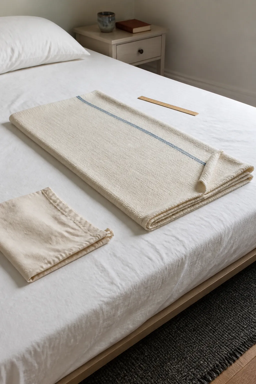 Cream throw smoothed into a neat rectangle on a clean bed