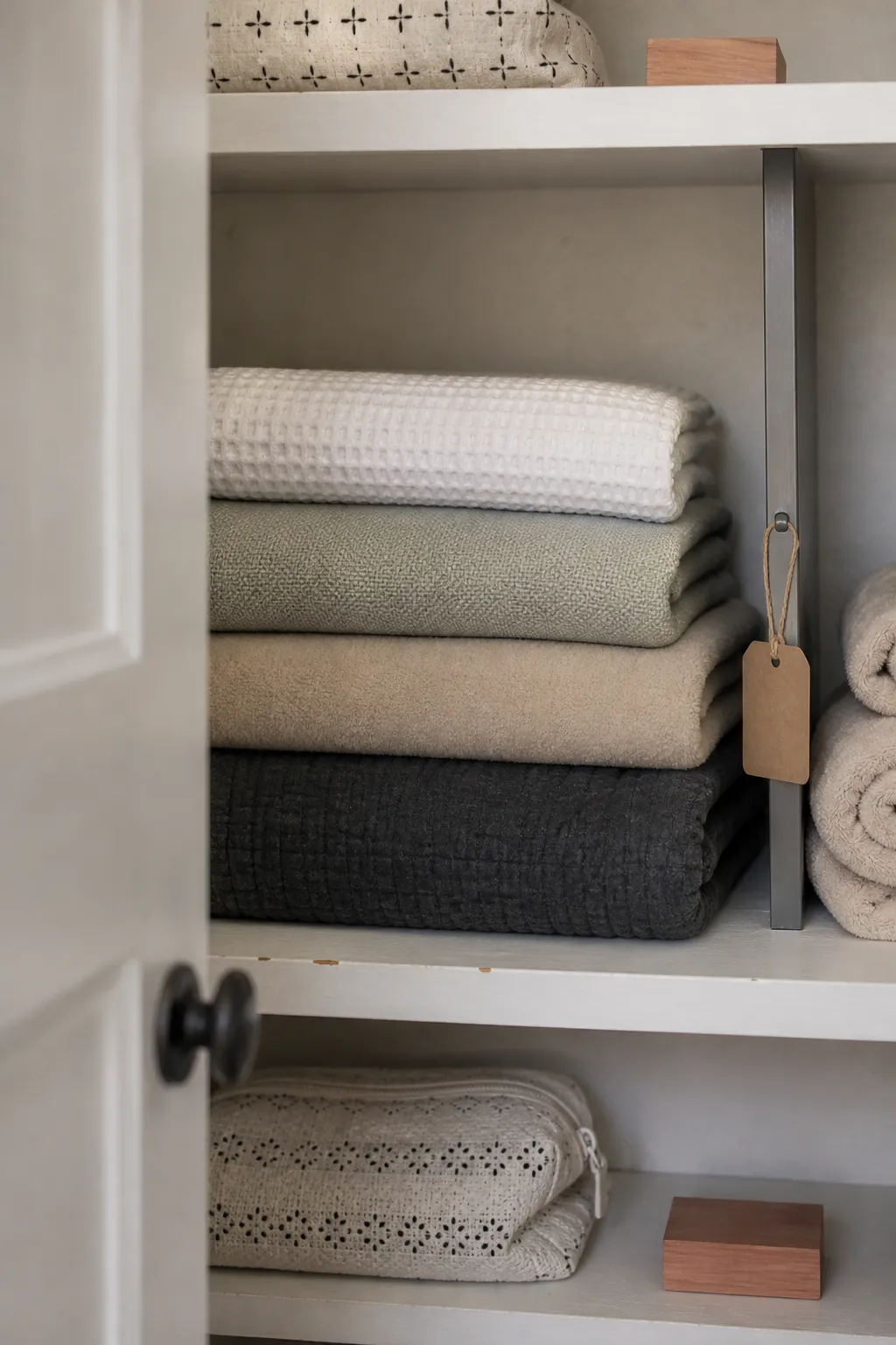 Measured stack of folded blankets on a small linen closet shelf
