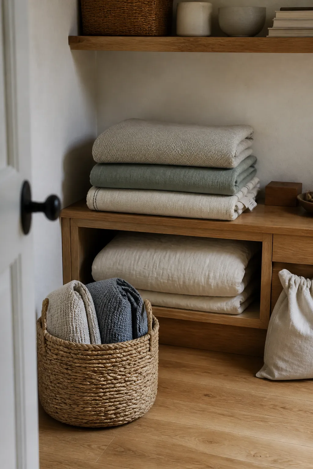 Neatly folded blankets arranged across shelves, a basket, and a storage bench