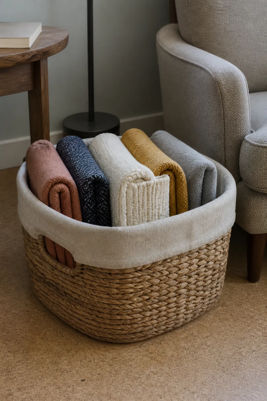 Upright folded throw blankets arranged in a woven storage basket
