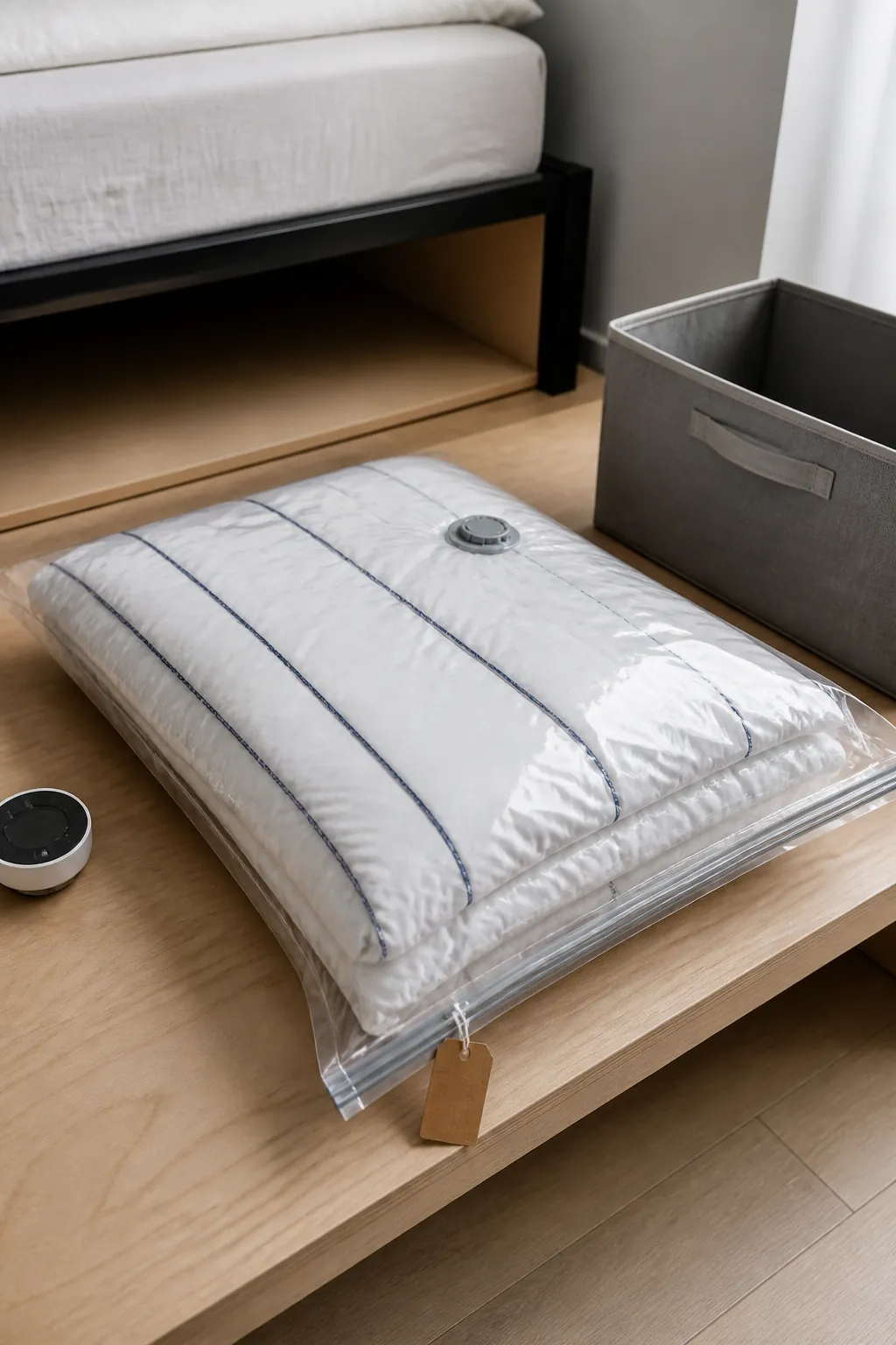 Bulky synthetic comforter folded into a labeled vacuum storage bag