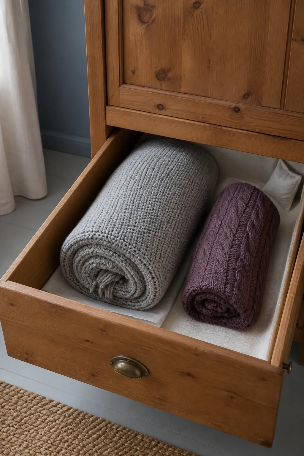 Loosely rolled knit blanket protected inside a deep linen drawer