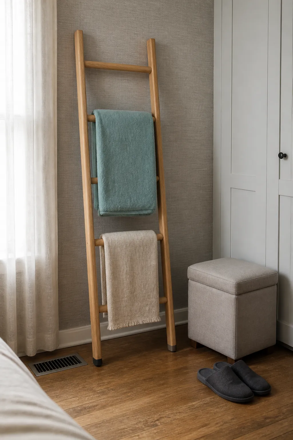 Everyday throw folded evenly over a wooden blanket ladder
