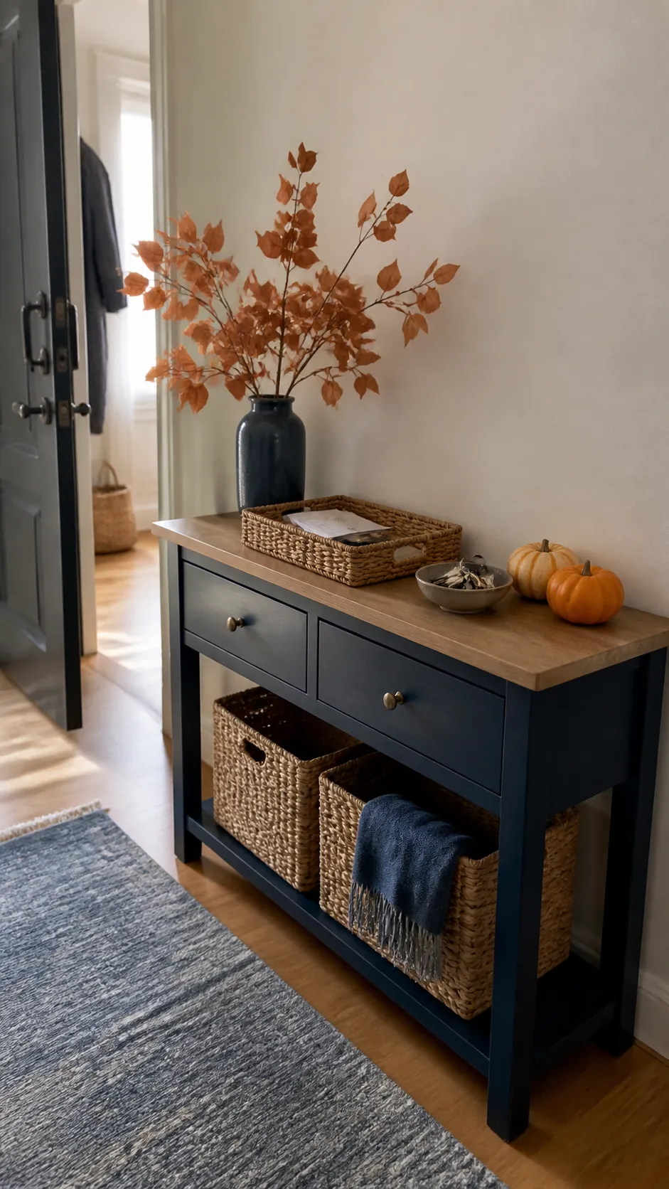 Navy entry console styled with copper fall leaves and woven storage