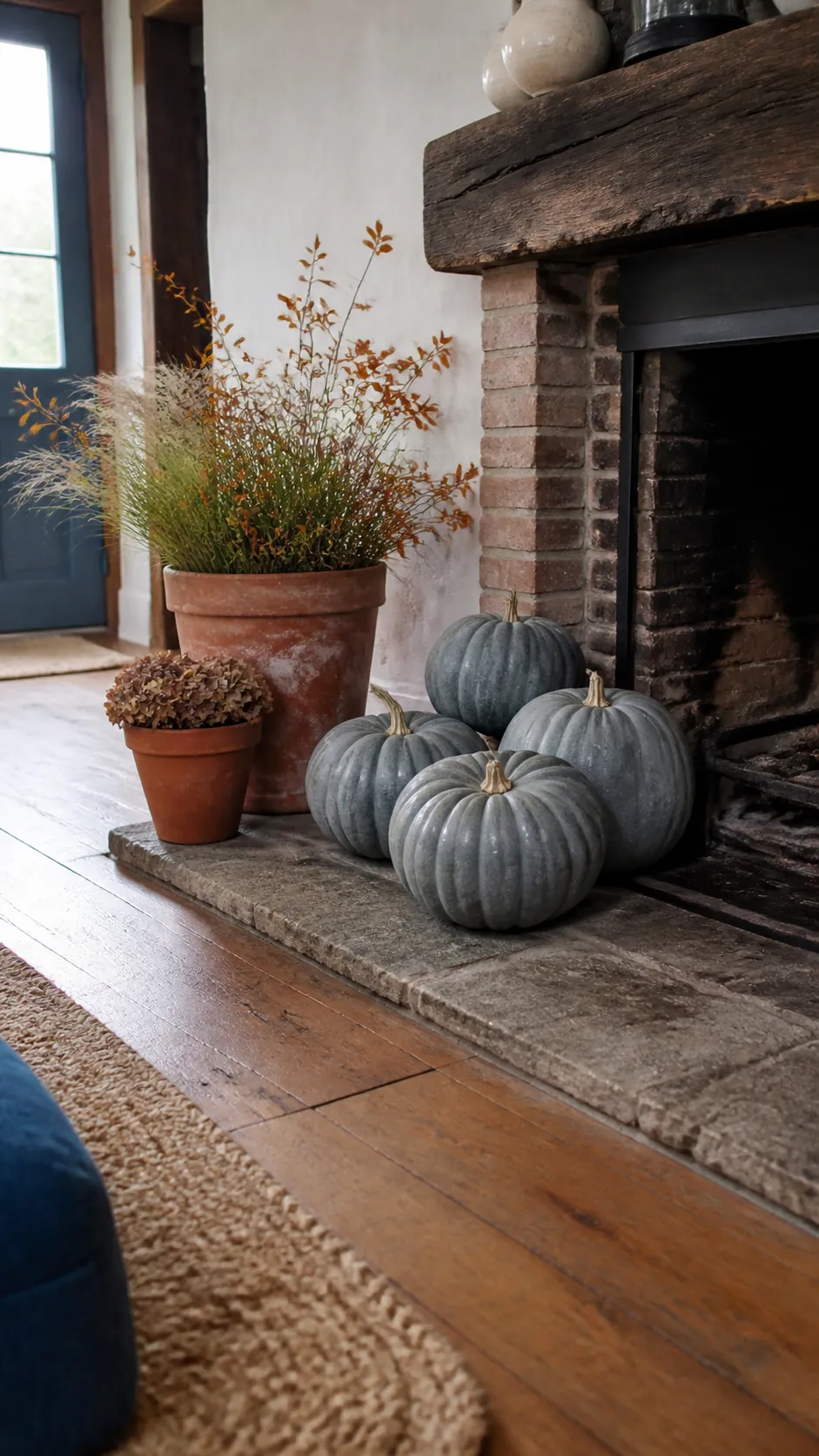 Blue pumpkins and terracotta pots arranged beside a fall fireplace