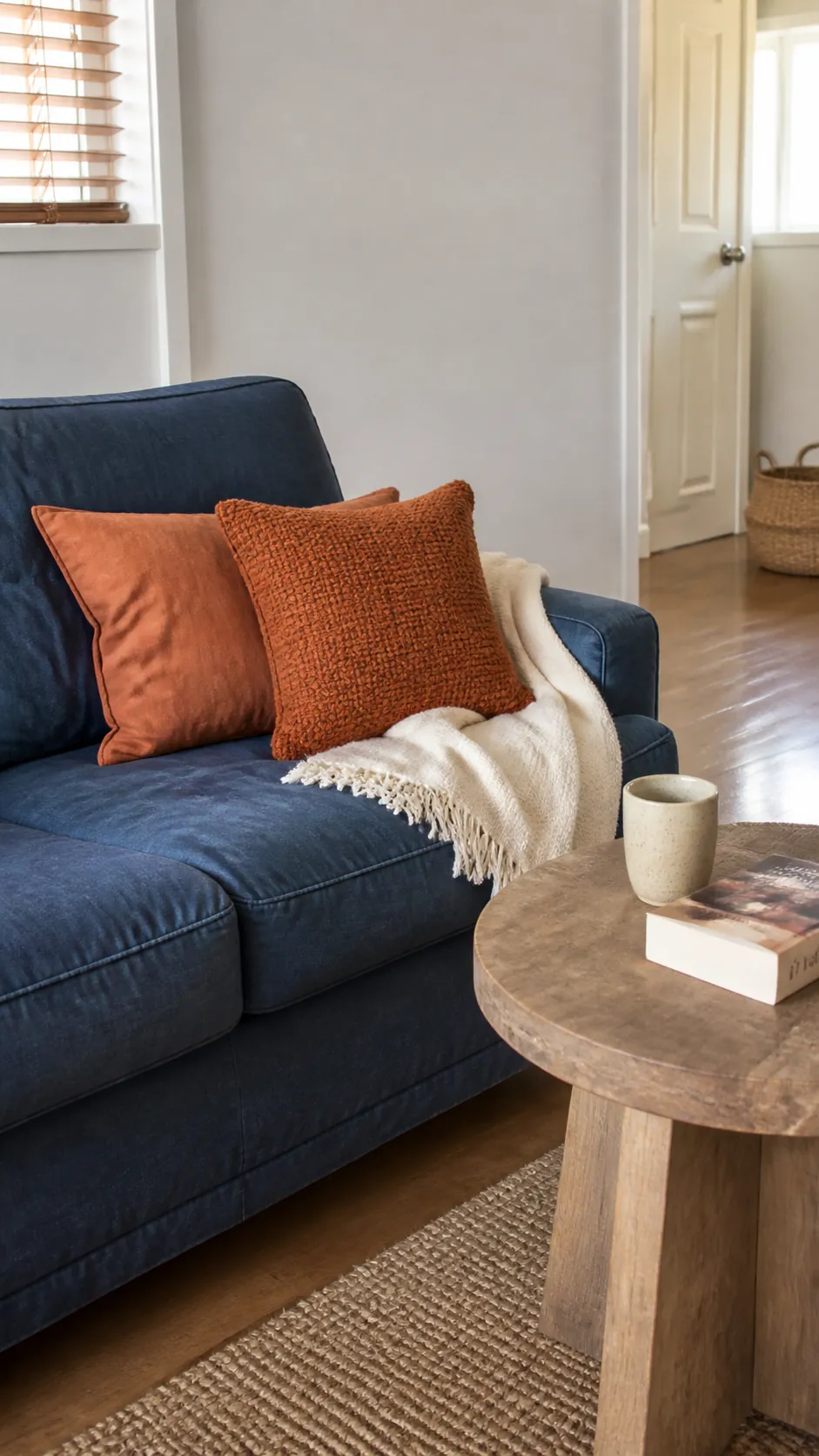 Denim blue sofa with burnt orange cushions and cream throw