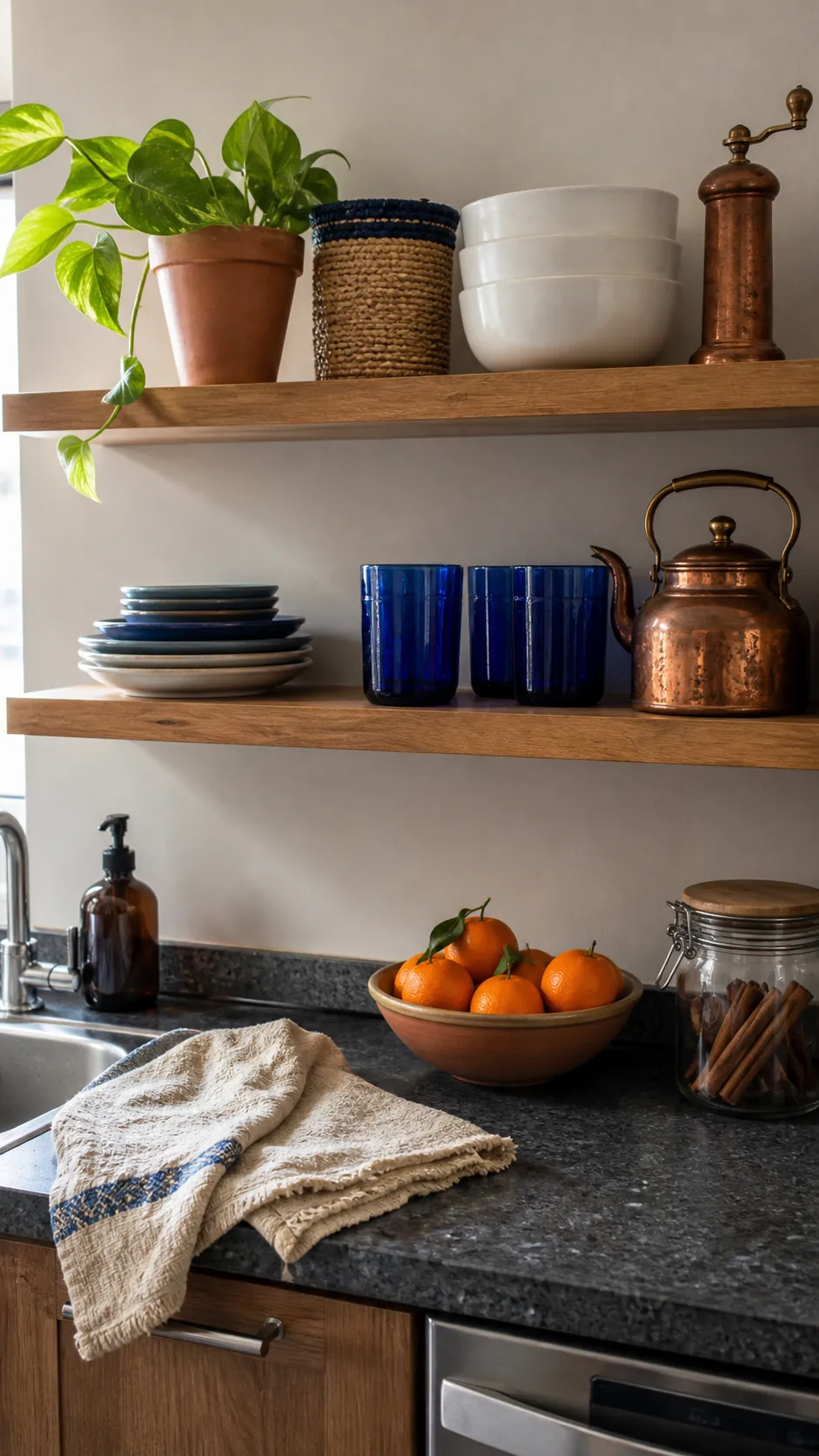 Cobalt glassware and copper accents on open kitchen shelves