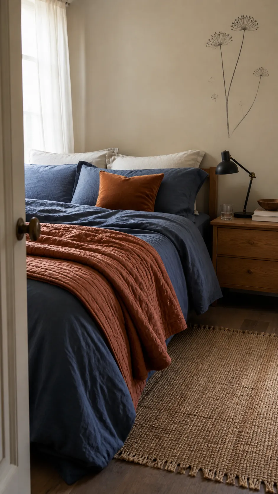 Slate blue bedding layered with a rust quilt for fall