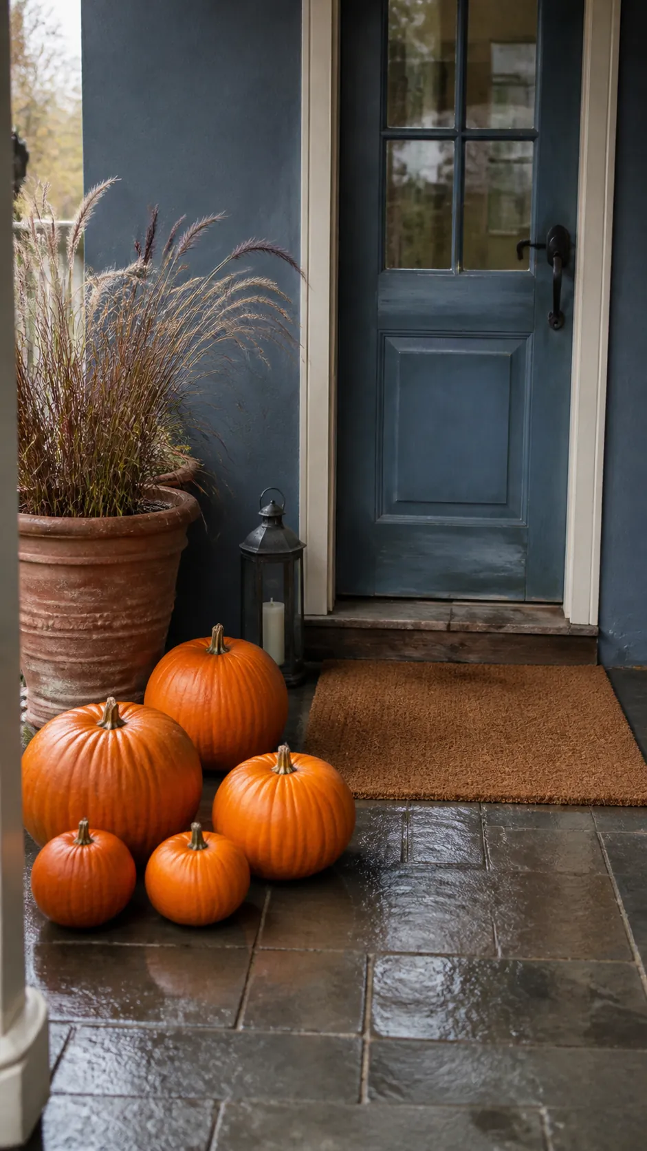 Dusty blue porch door with orange pumpkins and autumn grasses