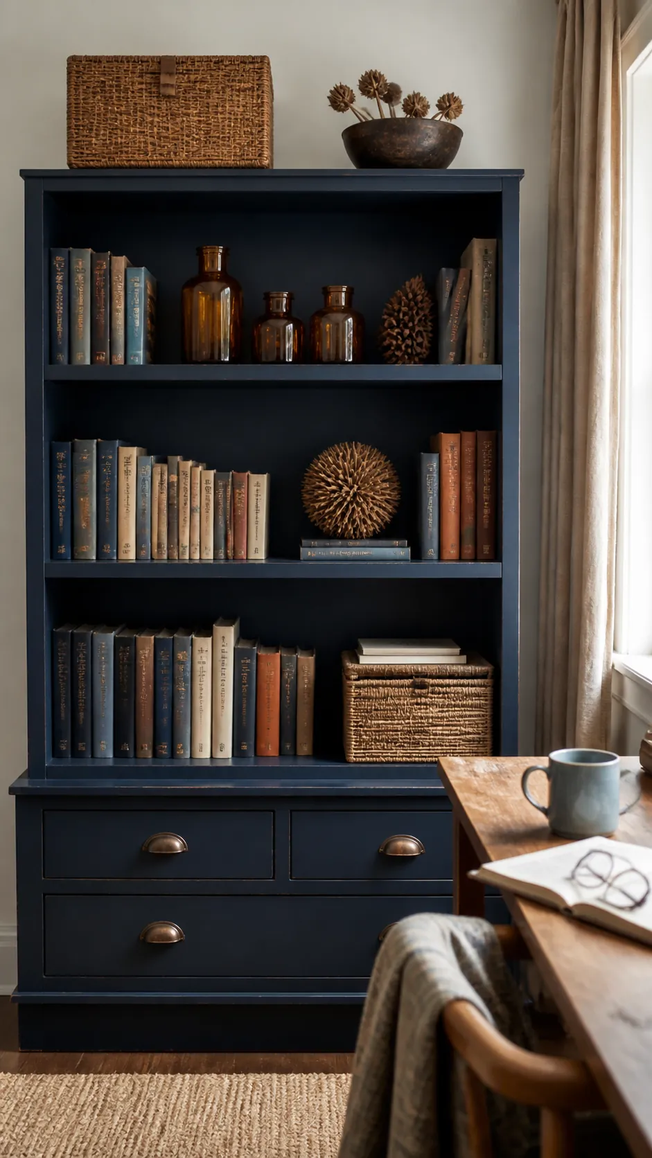 Navy bookcase decorated with amber glass and autumn seed pods