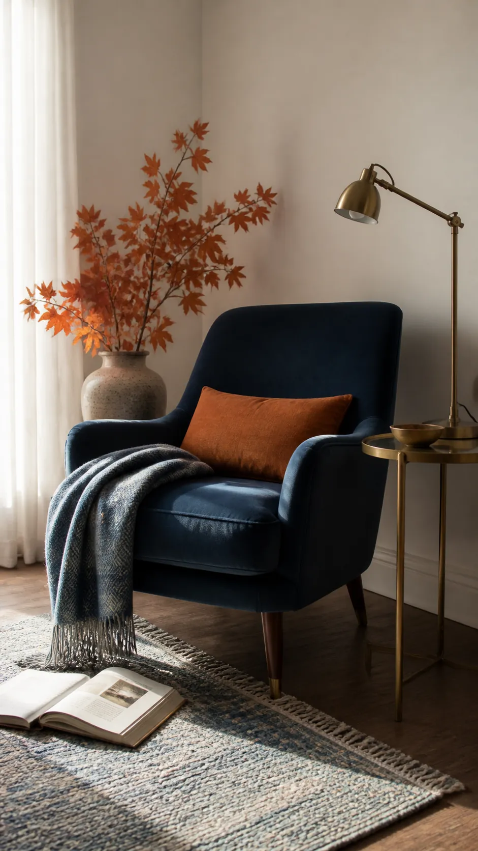 Blue velvet reading chair beside orange maple branches