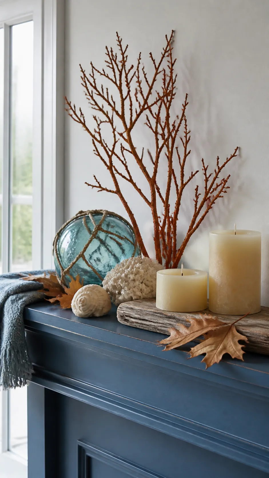 Coastal blue mantel with rust coral branches and oak leaves