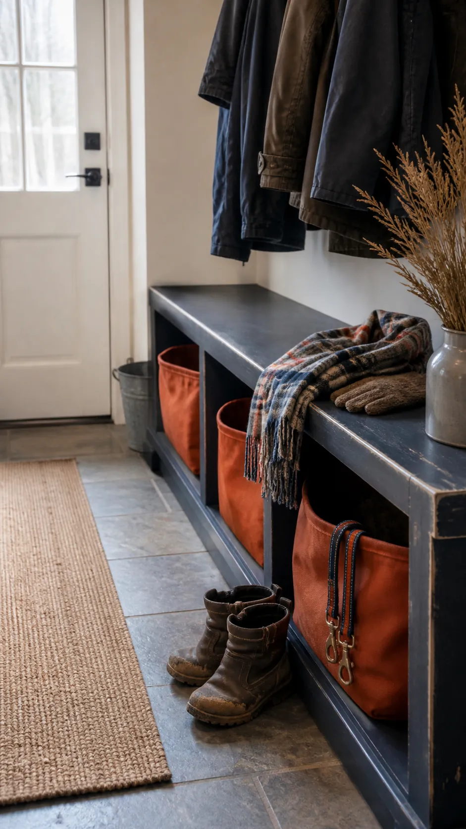 Indigo mudroom bench with rust orange storage baskets