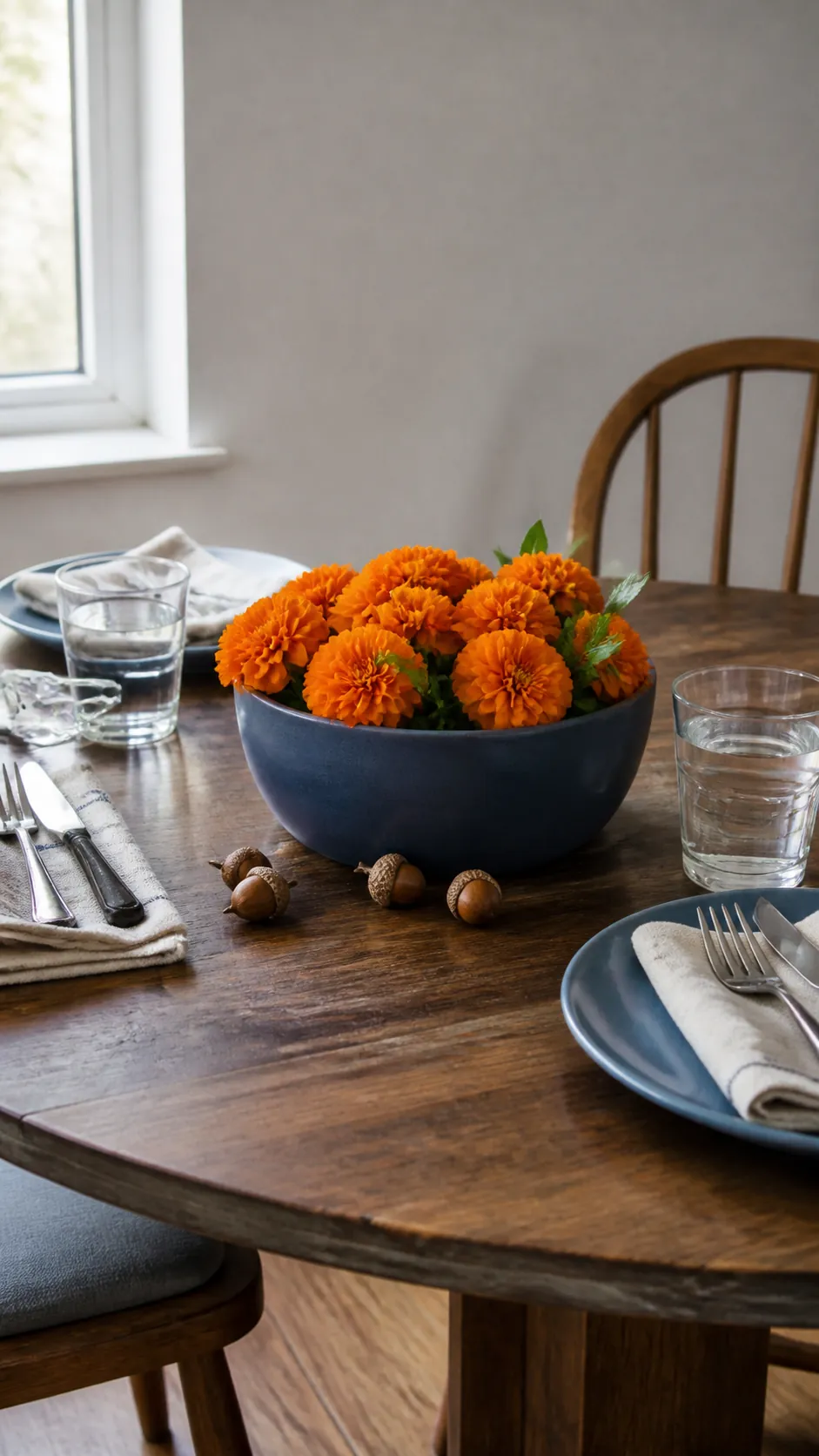Blue ceramic bowl filled with orange marigolds on a dining table
