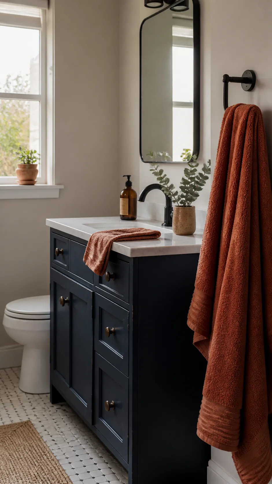 Navy bathroom styled with cinnamon orange towels and amber glass
