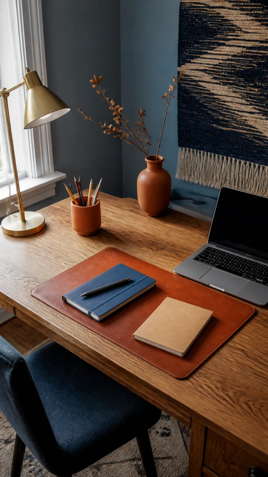 Blue home office desk with clay accessories and dried foliage