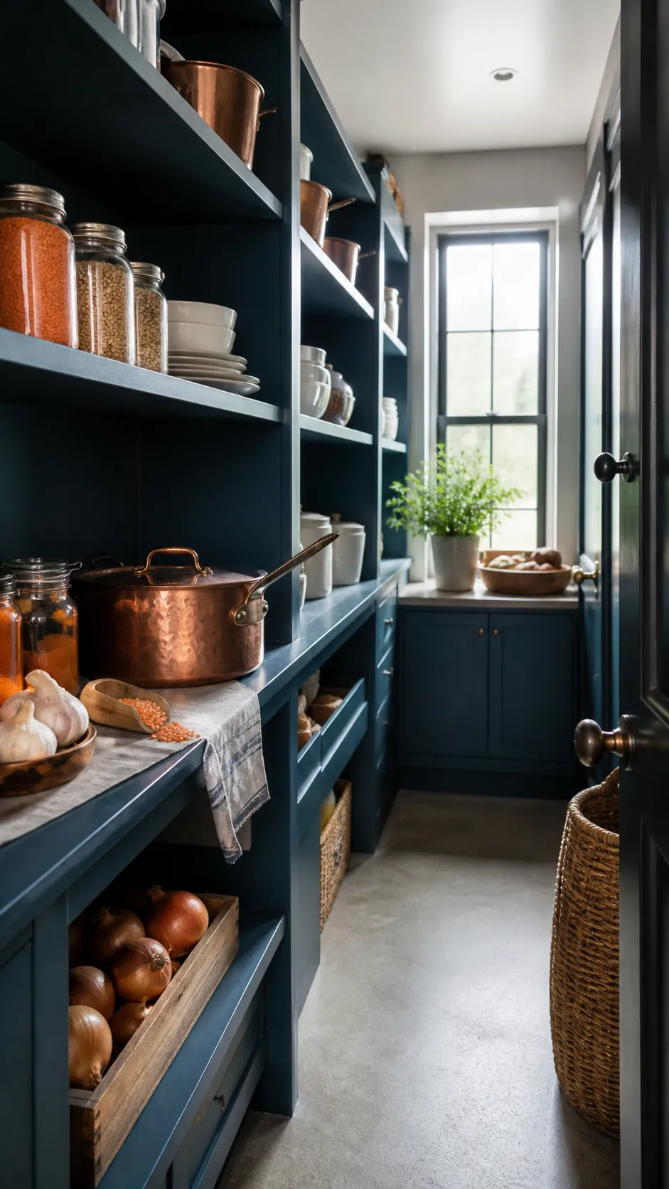 Deep teal pantry with copper cookware and harvest ingredients