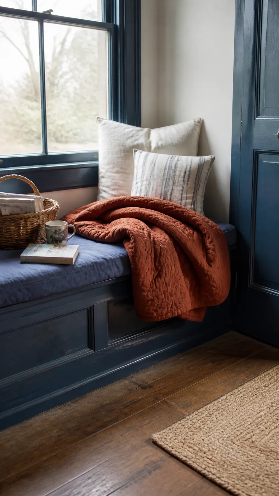 Blue window seat with a rust quilt and reading basket
