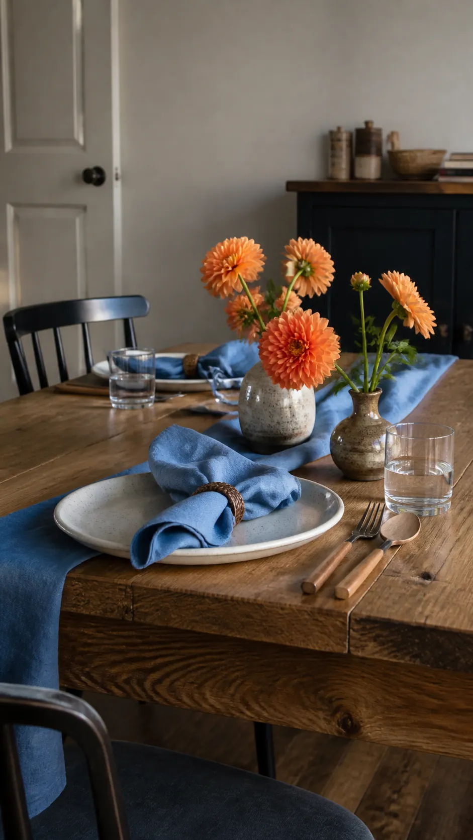 Chambray blue napkins with orange dahlias and stoneware place settings