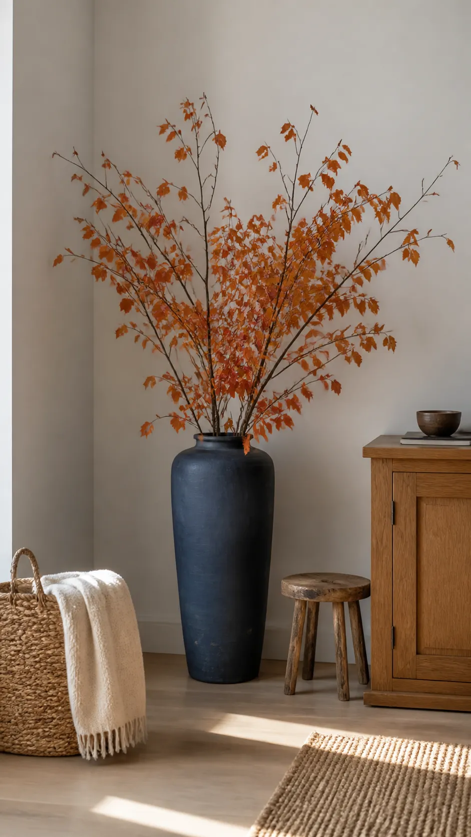 Tall blue floor vase filled with airy orange autumn branches
