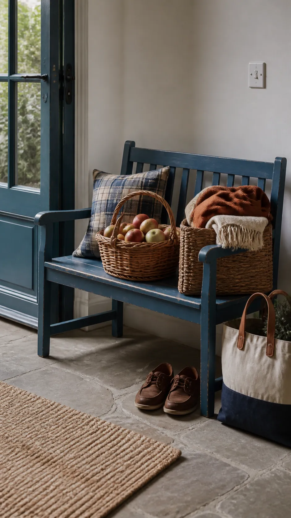 Blue bench with harvest baskets of apples and folded blankets