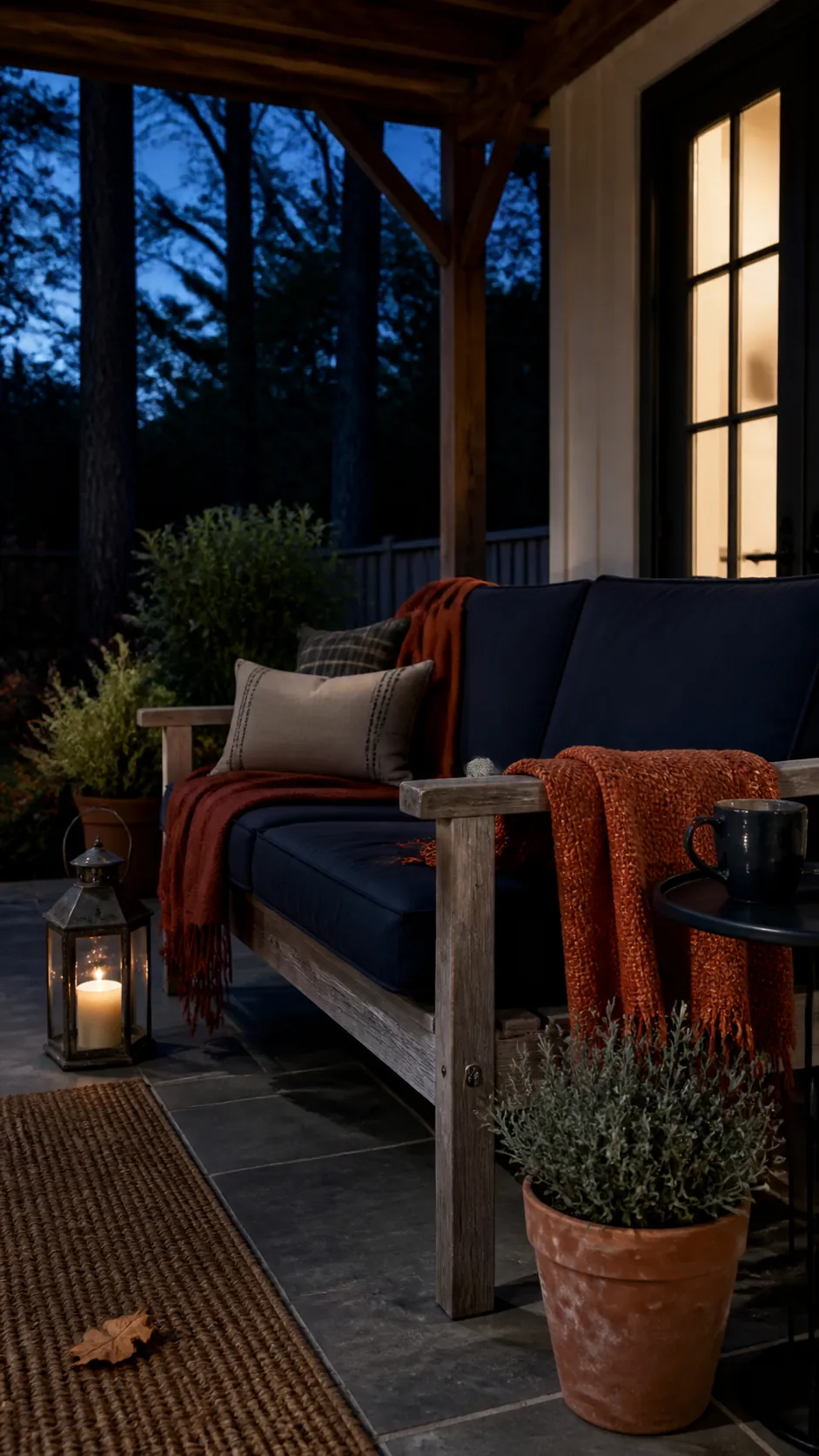 Midnight blue patio seating with ember orange blankets