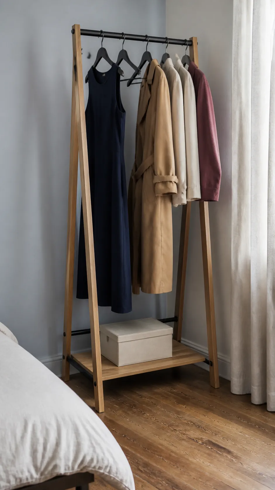 Stable narrow garment rack fitted into a bedroom corner