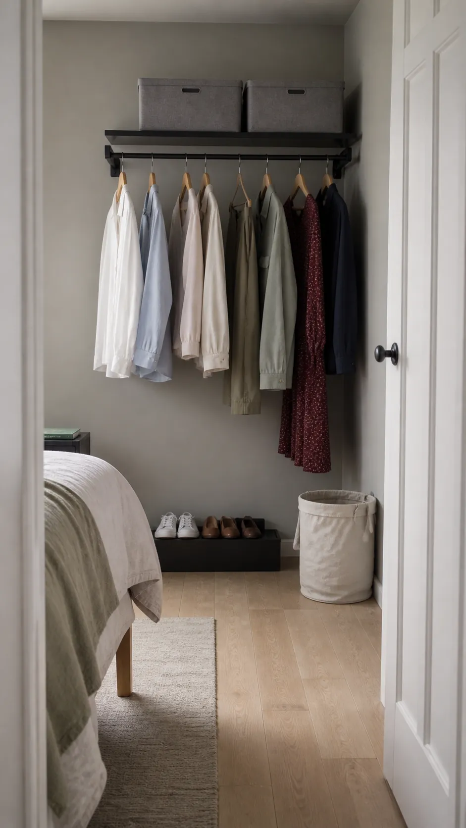 Compact bedroom using a slim clothes rail and vertical garment storage