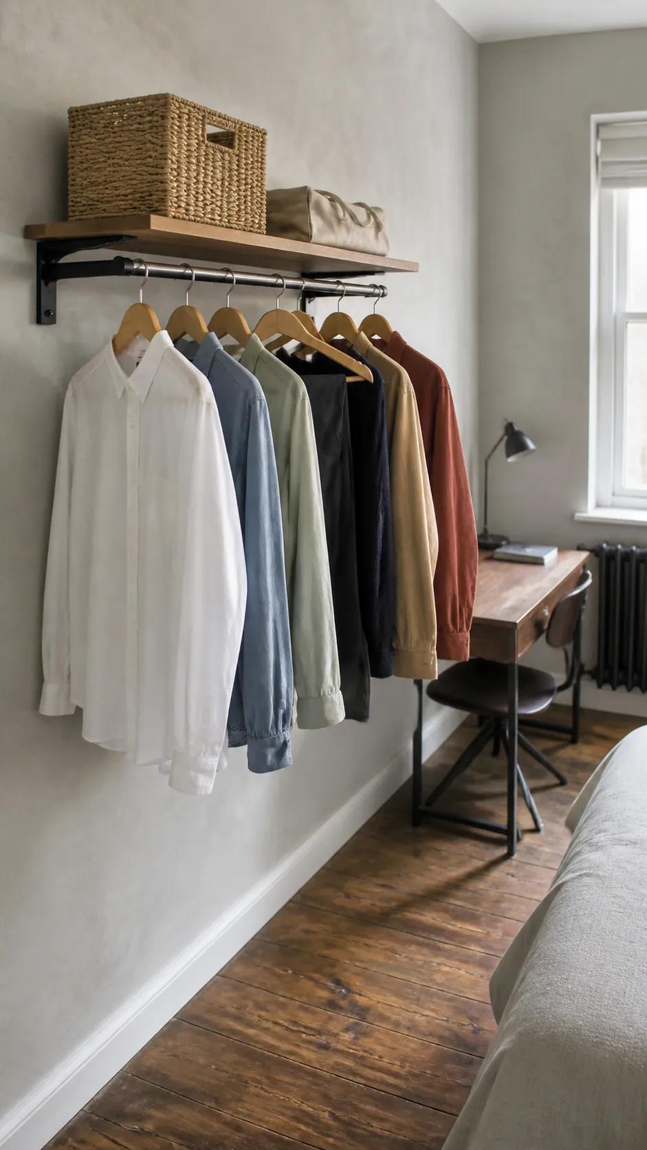 Shallow wall clothes rail holding a compact daily wardrobe