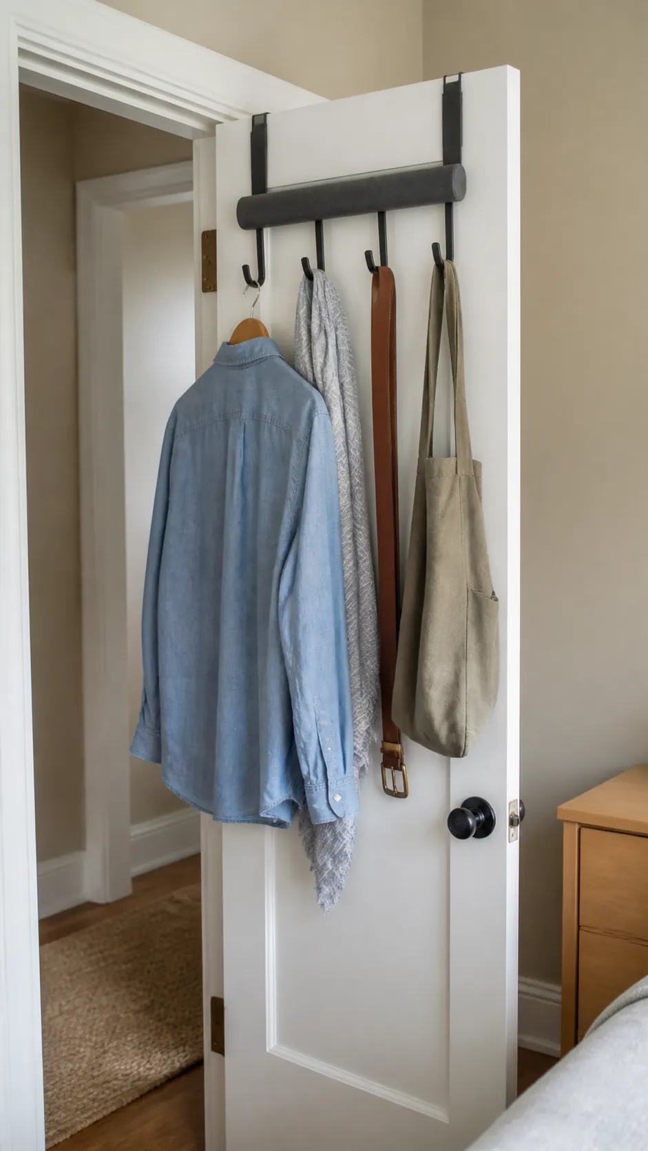 Light garments and accessories organized behind a bedroom door