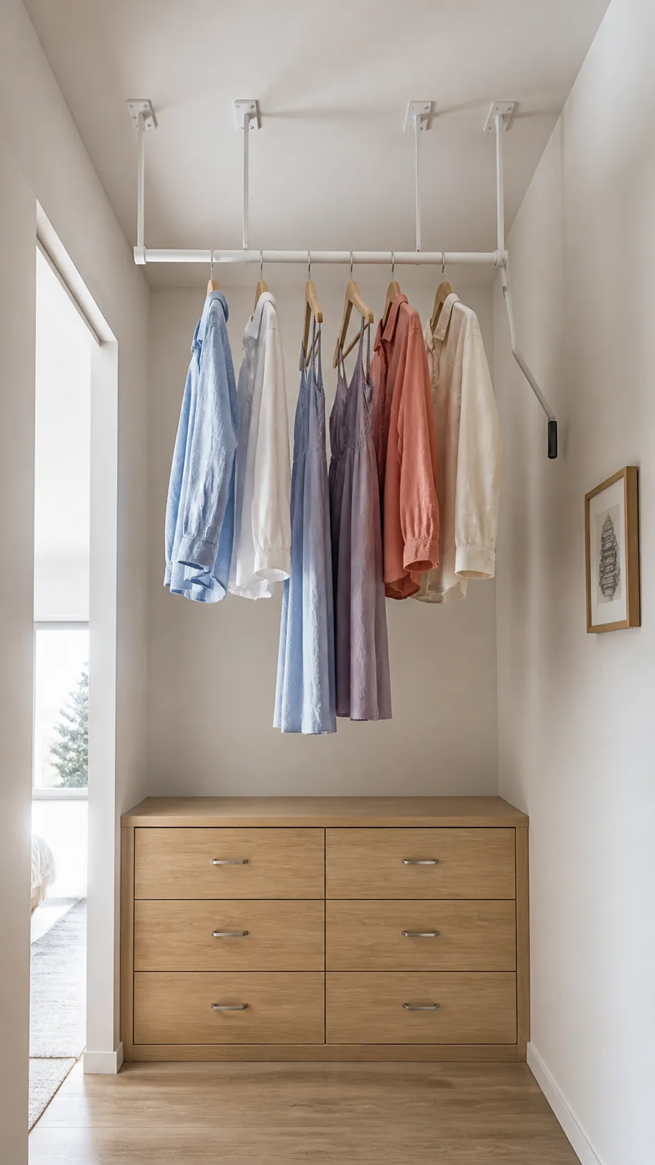 Professionally fitted ceiling clothes rail above clear floor space