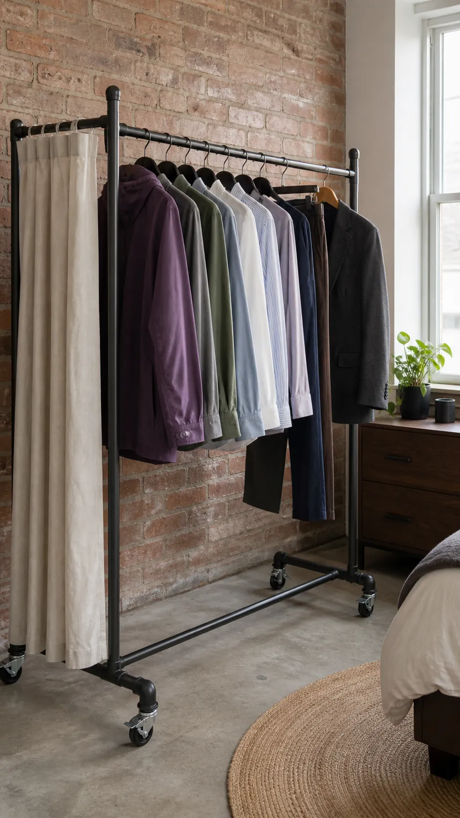 Stable slim garment rack with evenly spaced everyday clothing