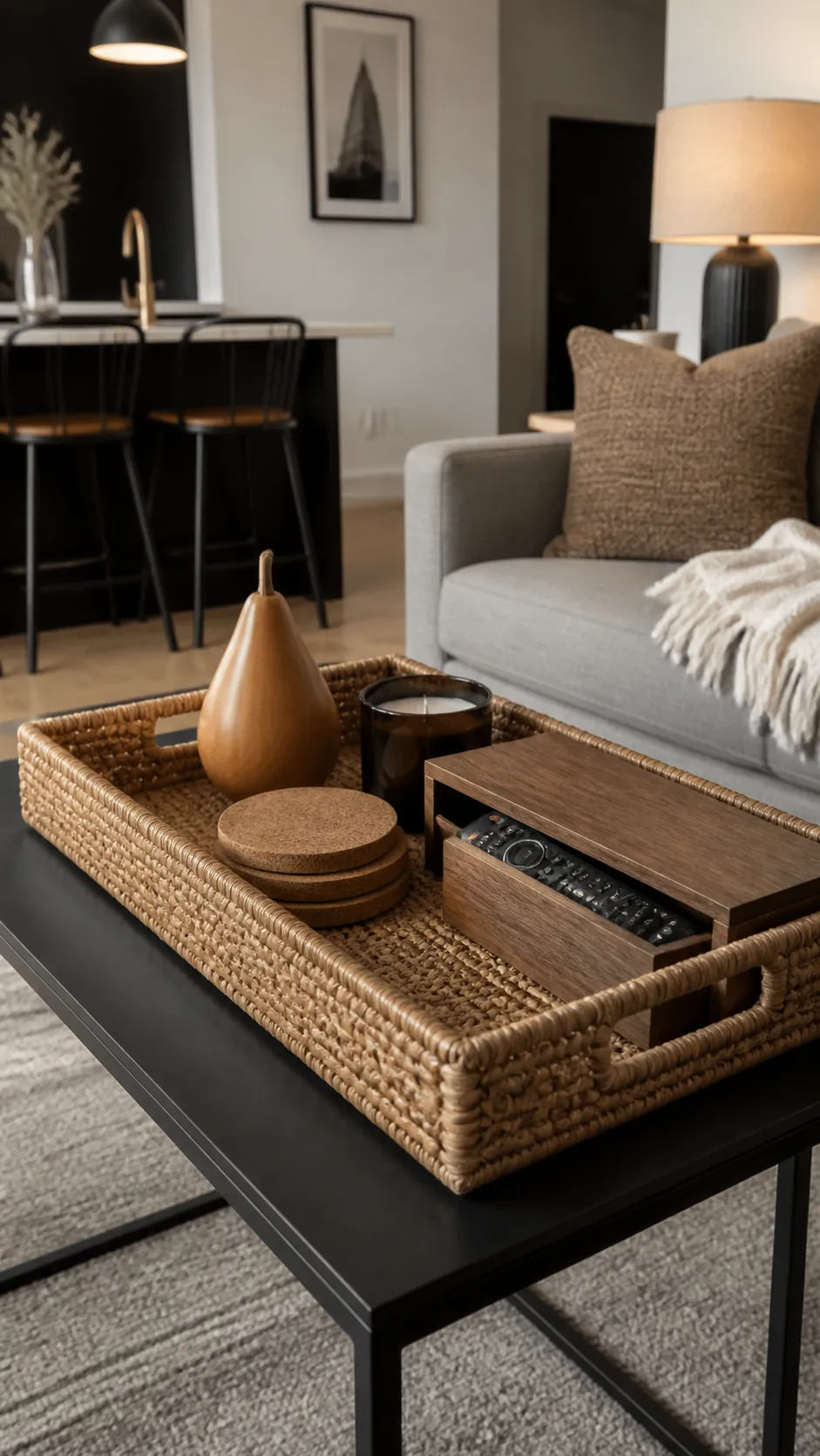 Woven coffee table tray holding autumn decor and daily essentials