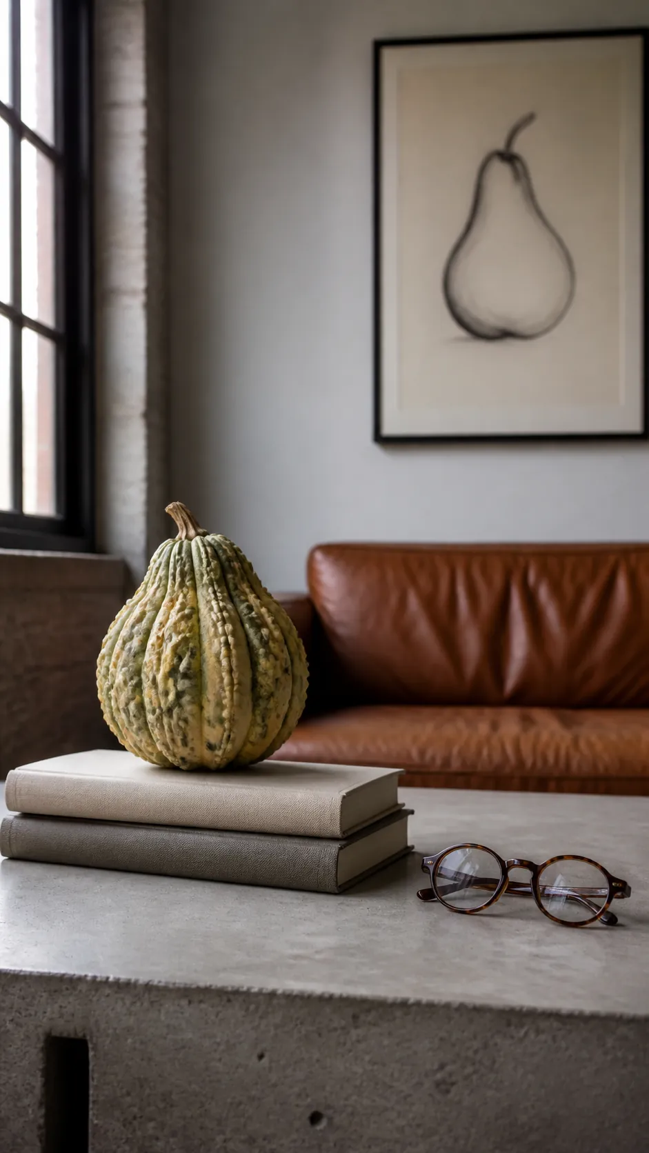 Textured heirloom gourd resting on coffee table books