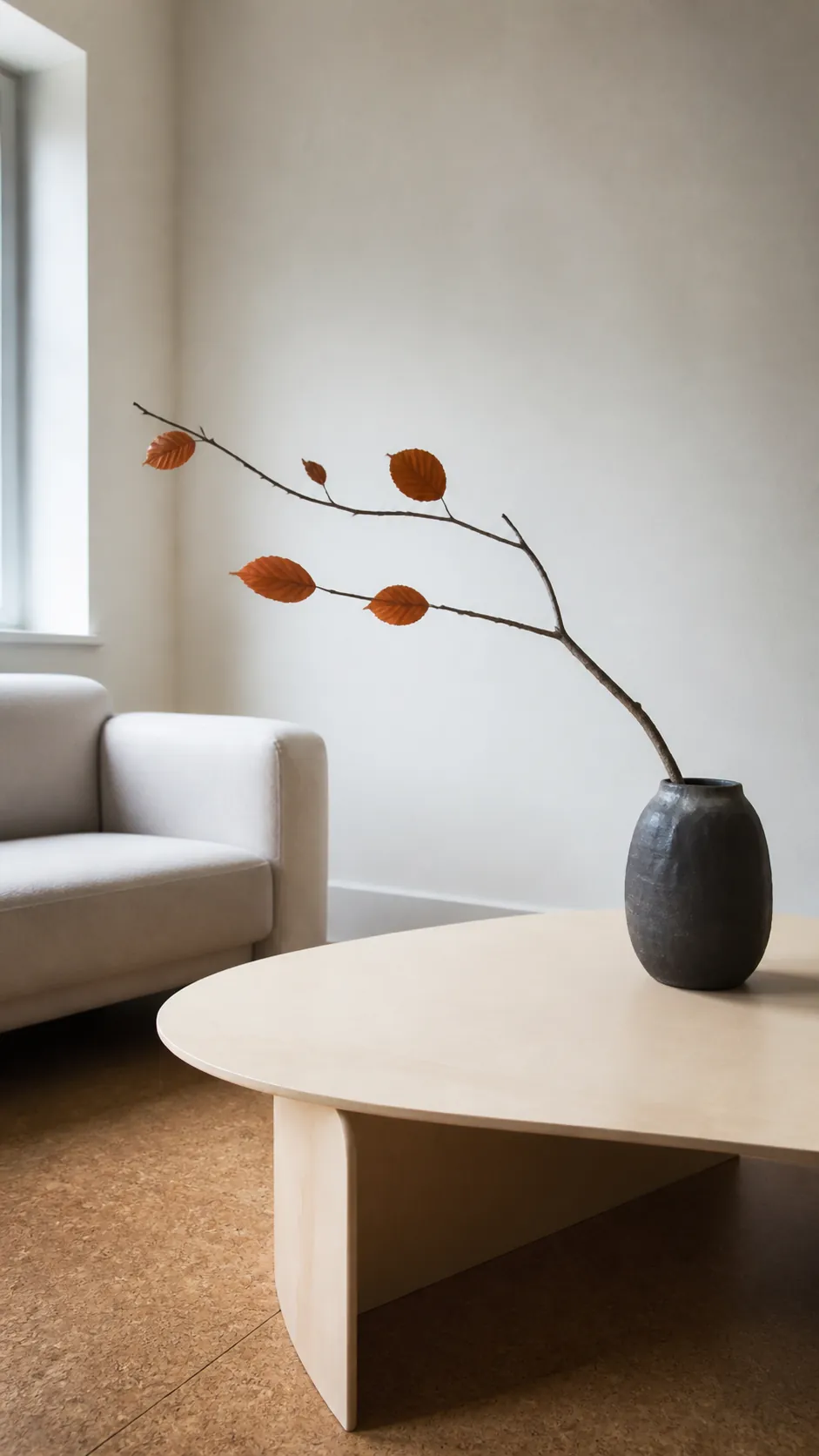 Minimal autumn branch displayed in a clay vessel