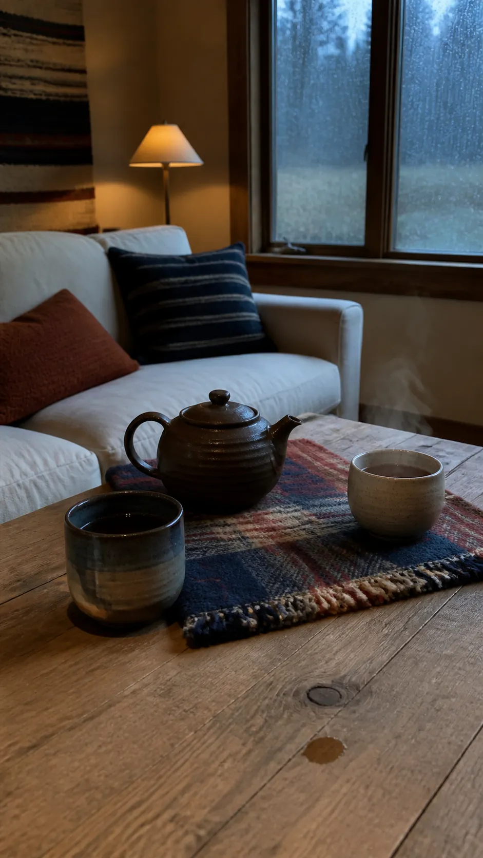 Plaid wool textile with tea setting on an autumn coffee table