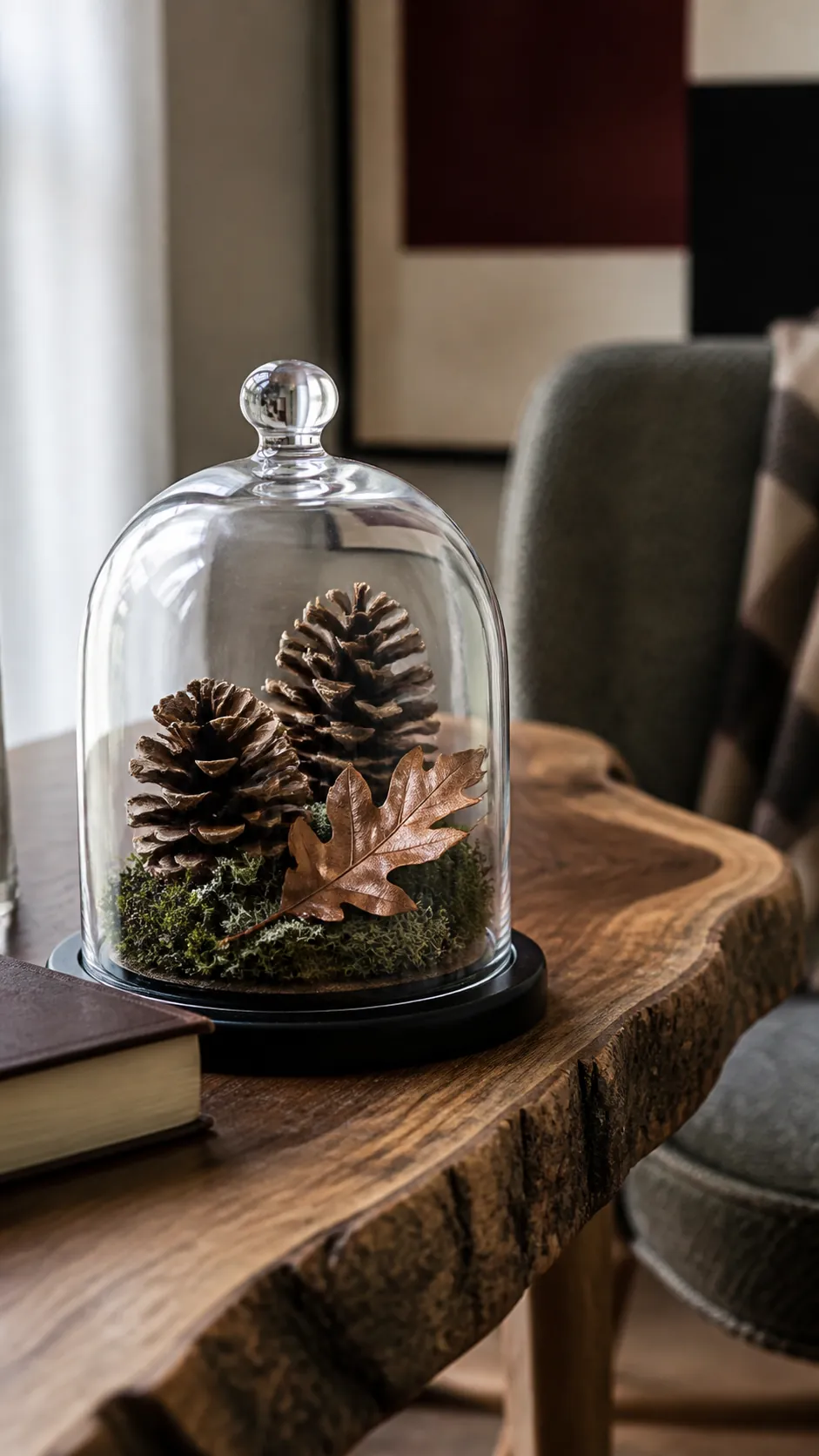 Pinecones moss and autumn leaf displayed under a glass cloche