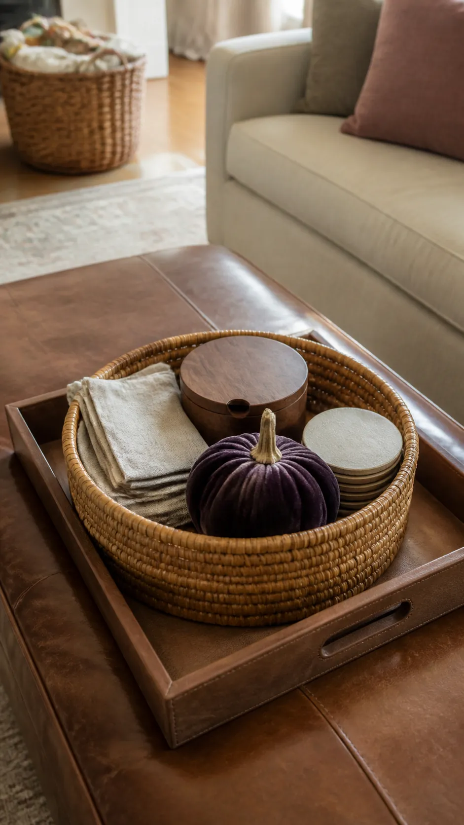 Low rattan basket with linen and a velvet pumpkin