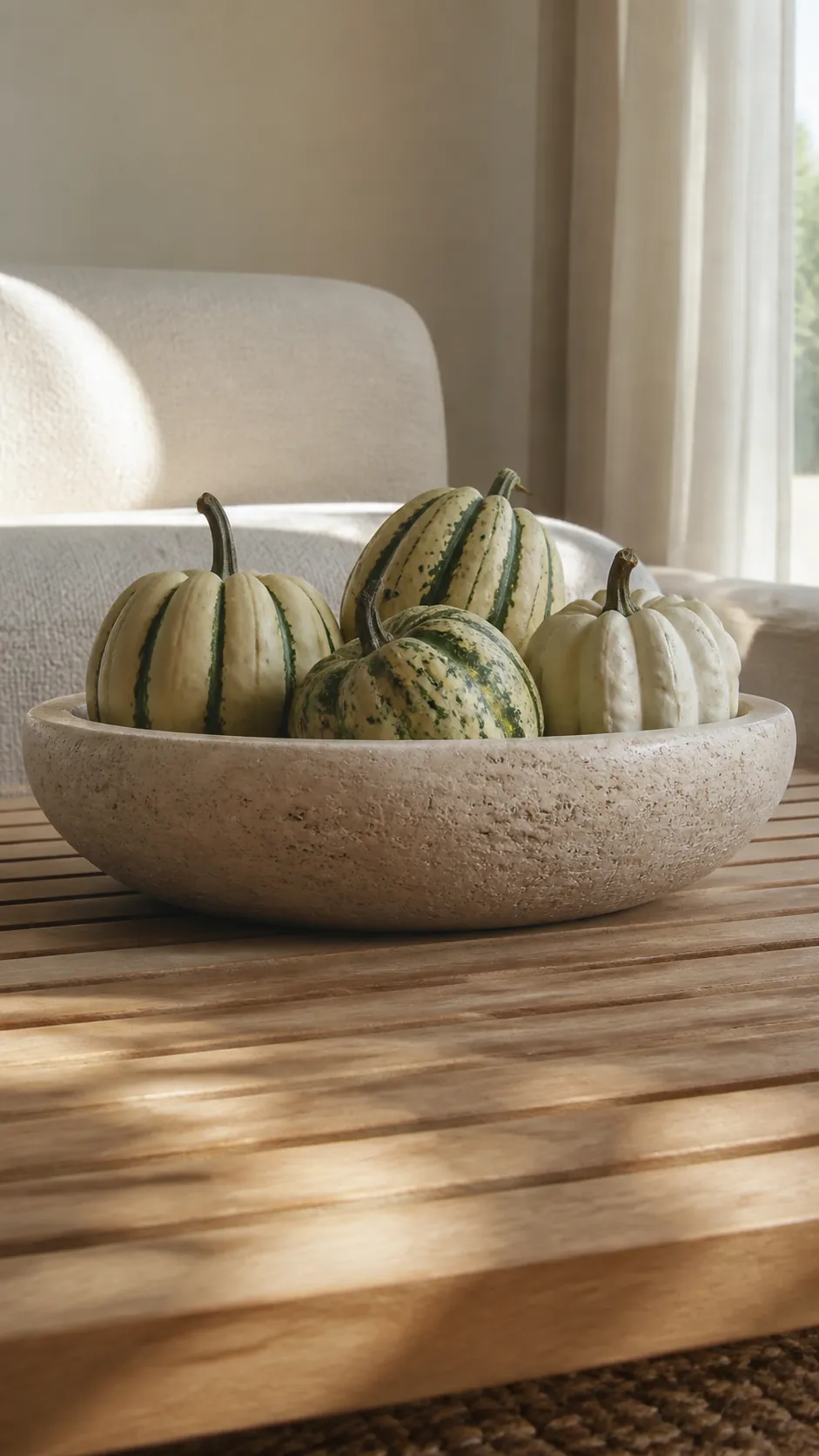 Mini striped gourds in a shallow travertine bowl