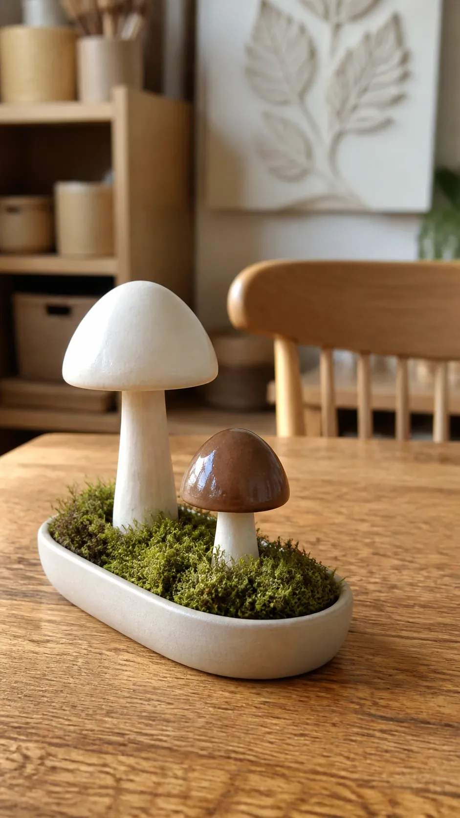 Handmade ceramic mushrooms arranged in a moss dish