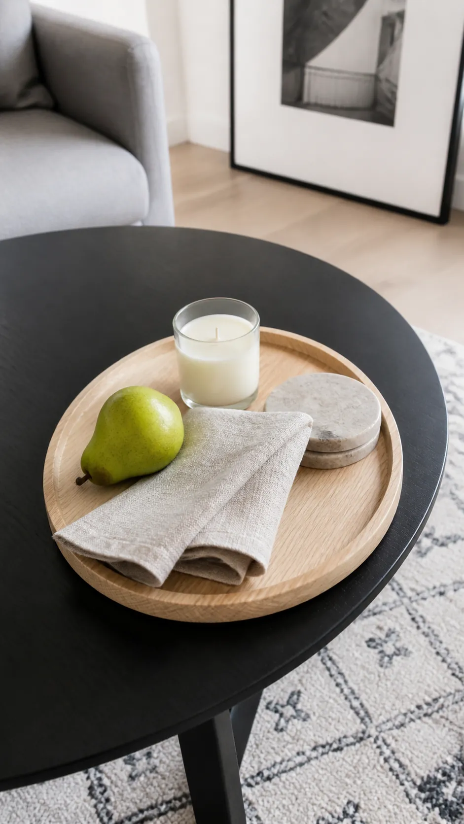 White oak tray styled with pear cream candle and flax cloth