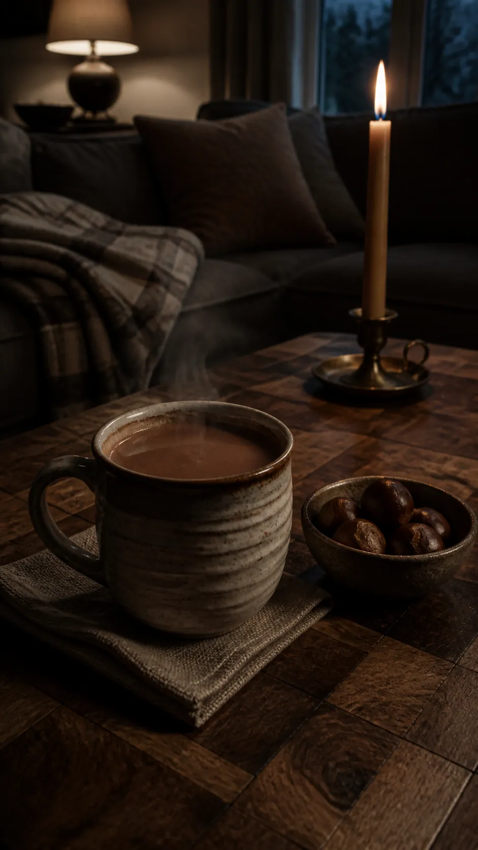 Evening cocoa with chestnuts and a cinnamon colored taper