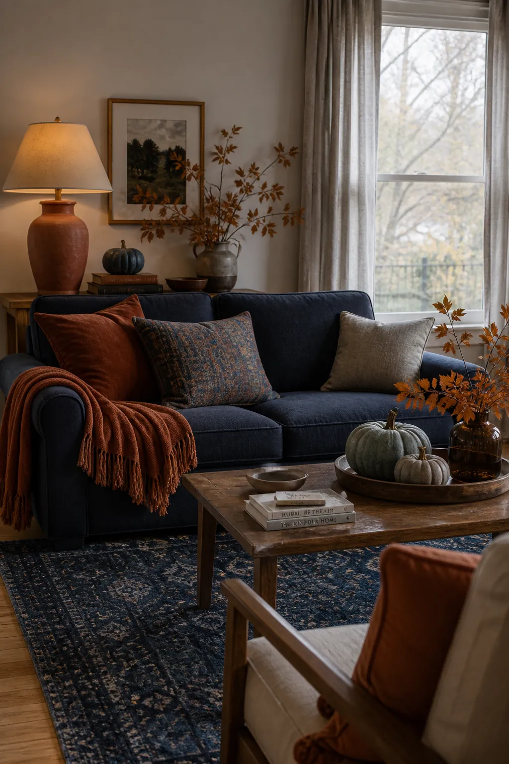 Blue and orange fall decor layered across a comfortable living room