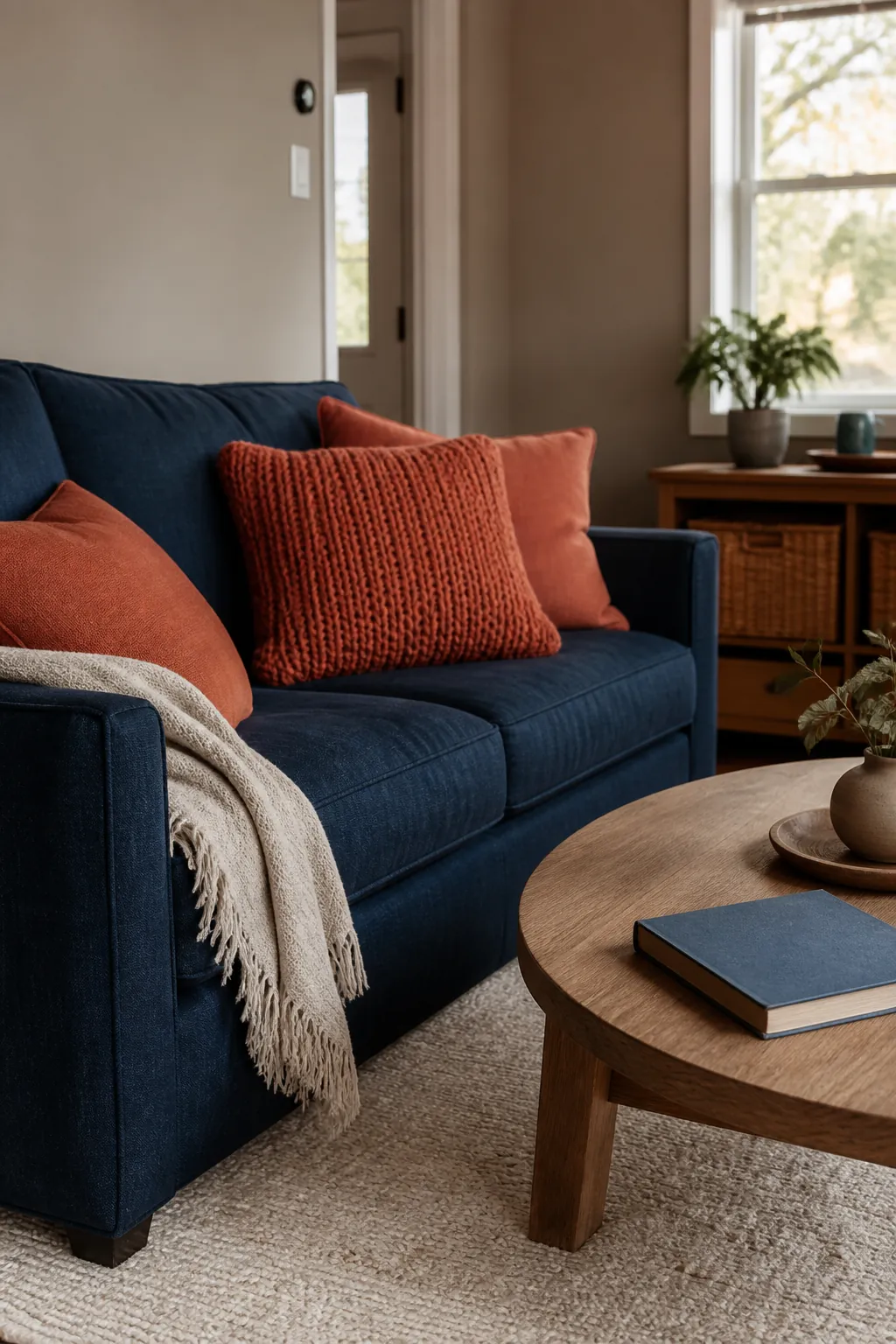 Navy Sofa With Terracotta Cushions styled for a blue and orange fall living room
