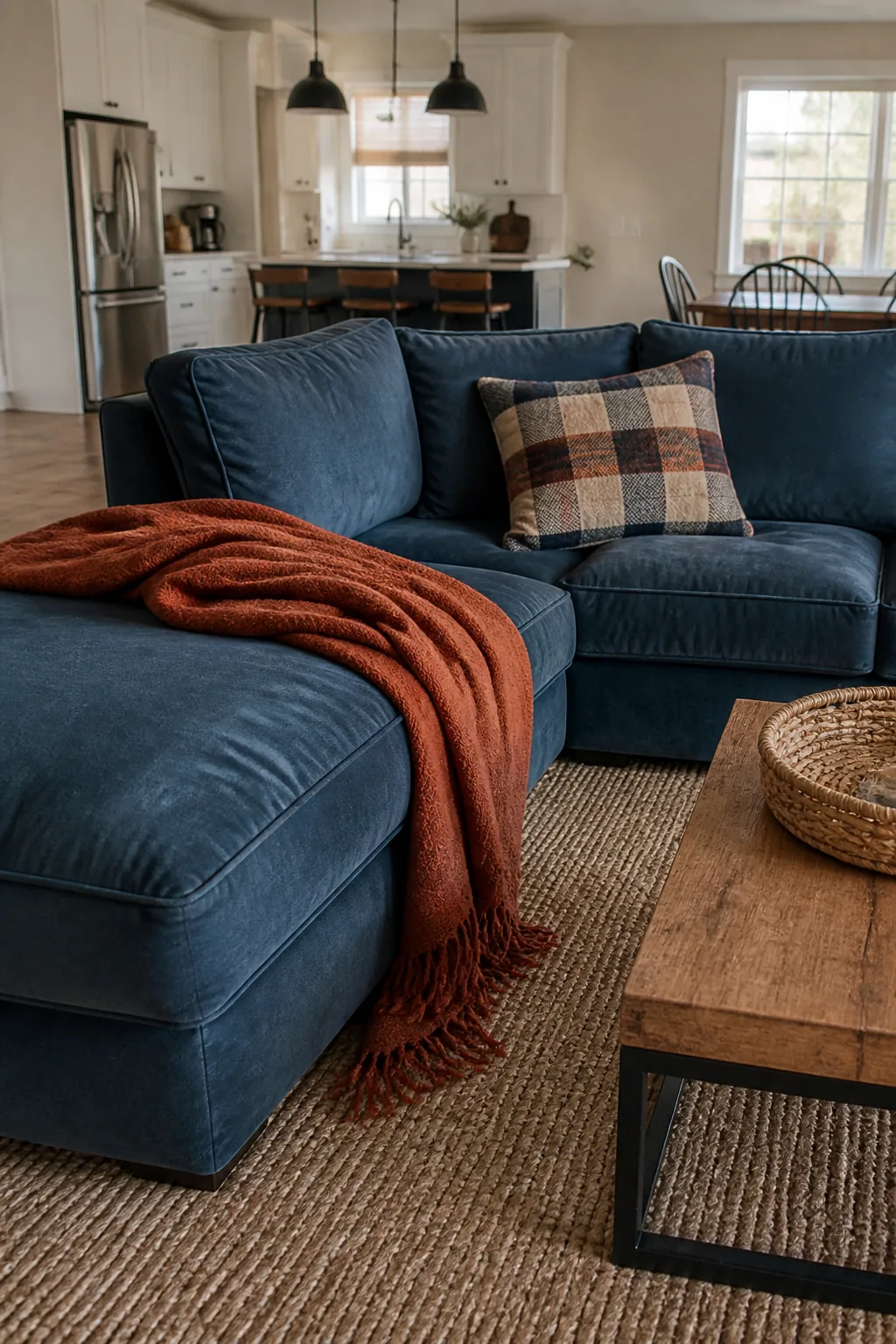 Rust Throw Across A Denim Sectional styled for a blue and orange fall living room