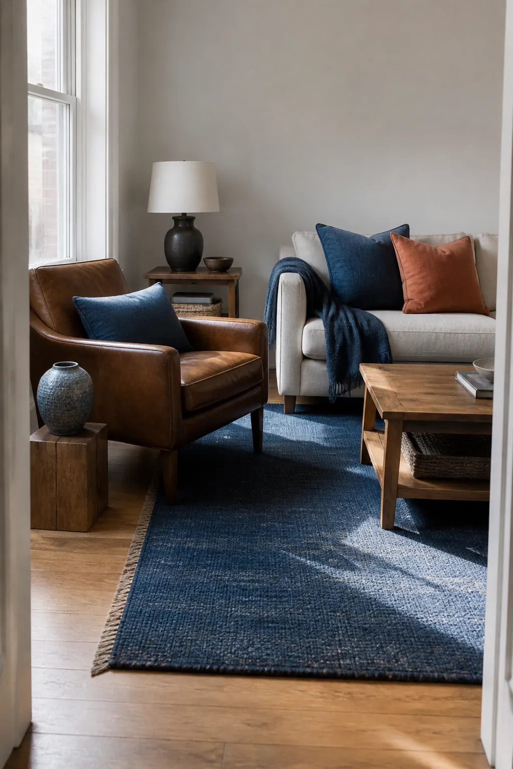 Indigo Rug With Pumpkin Leather Chair styled for a blue and orange fall living room