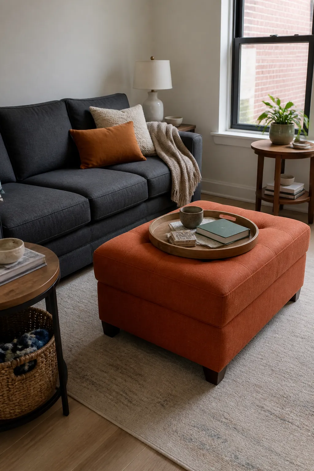 Slate Sofa With Persimmon Ottoman styled for a blue and orange fall living room