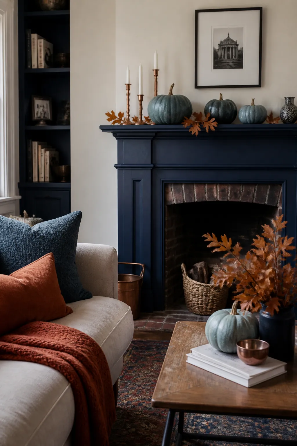 Navy Mantel With Blue Pumpkins styled for a blue and orange fall living room